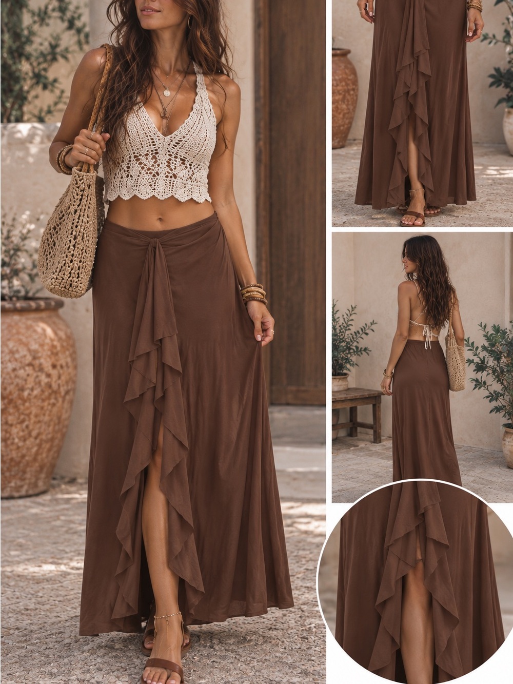 Boho Ruffle Front Maxi Skirt — Brown